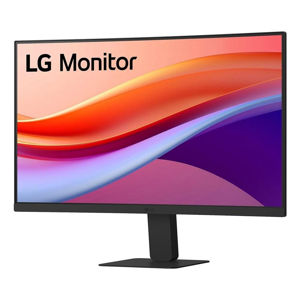 Un monitor LG que muestra una imagen abstracta con colores naranja, morado y blanco. El monitor es negro y tiene un logotipo de LG.