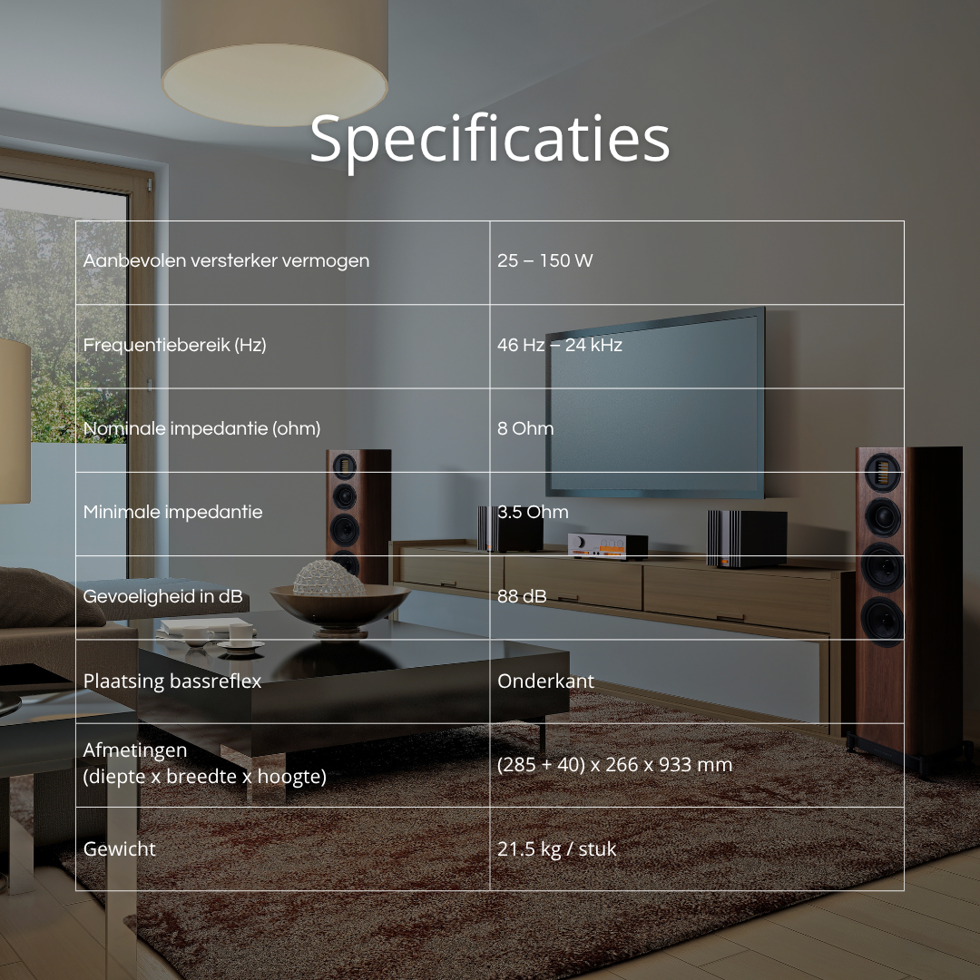 Woonkamer met luidsprekers, tv, salontafel en vloerkleed. Specificatietabel op de voorgrond.