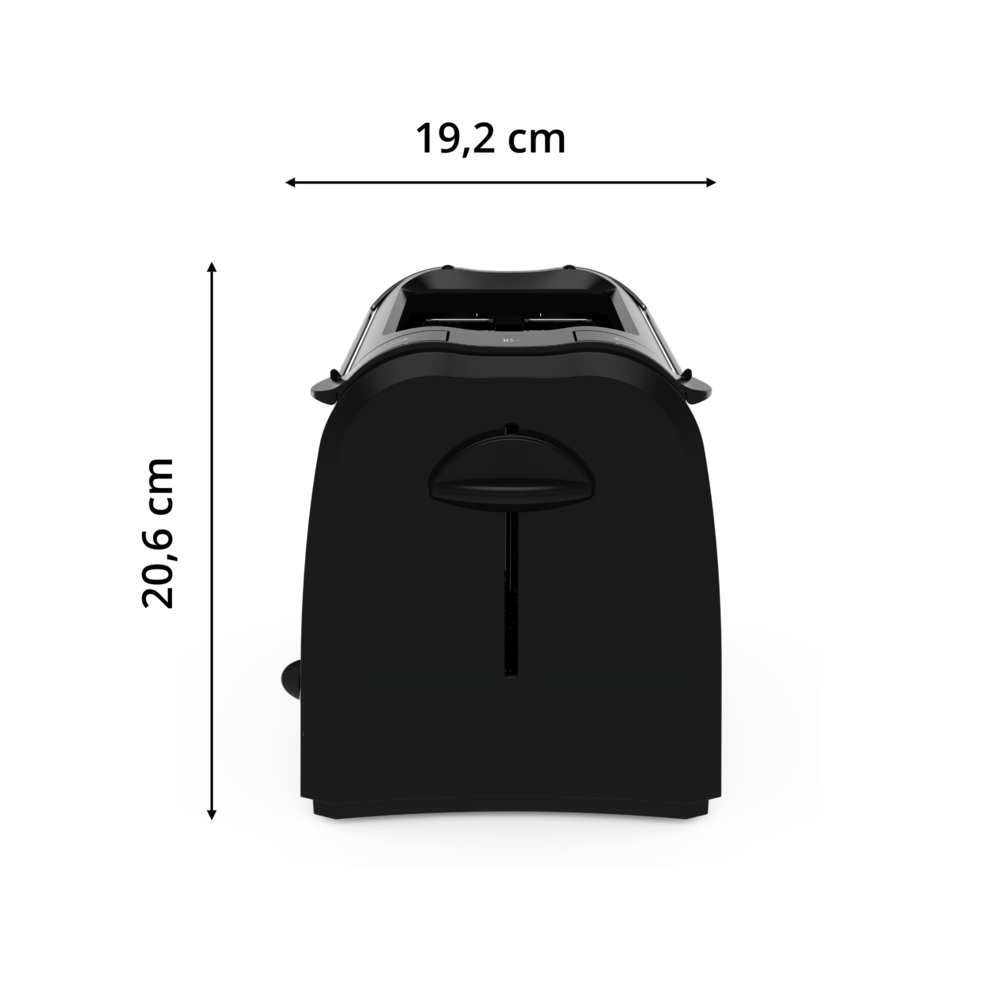 Pokazano czarny toster o wymiarach 19,2 cm szerokości i 20,6 cm wysokości. Znajduje się na białym tle.