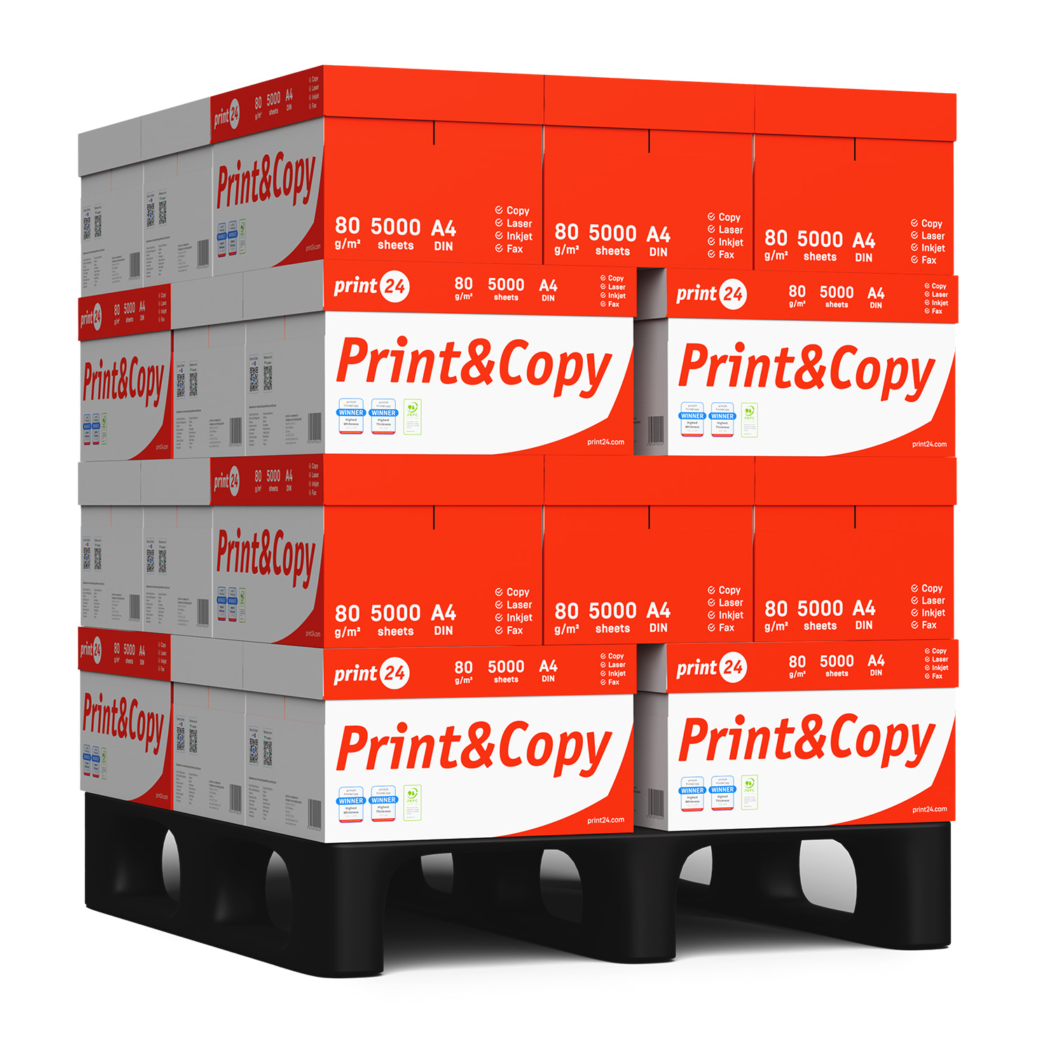 Un palet de cajas de papel. Cada caja es roja y blanca, etiquetada 'Print&Copy', con detalles del papel.