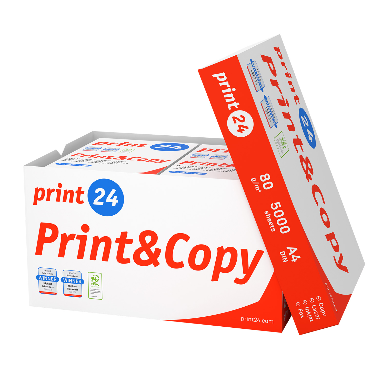 Eine Schachtel Print&Copy A4-Papier mit rotem und weißem Branding. Die Box ist geneigt und zeigt Details wie Gewicht und Blattanzahl.