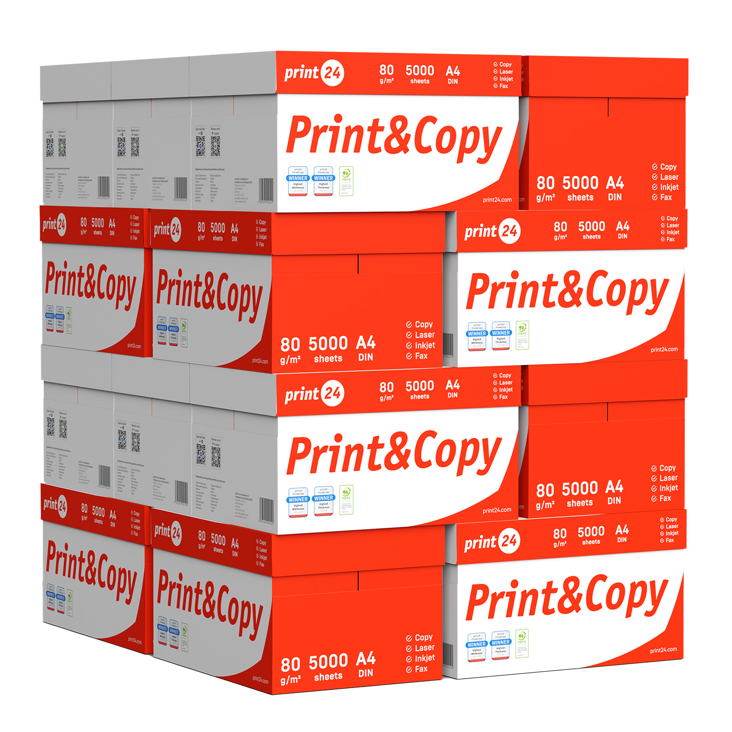 Stapel von Papierkartons. Jeder Karton hat rote und weiße Etiketten mit 'Print&Copy' und Produktdetails. Die Kartons sind gestapelt.