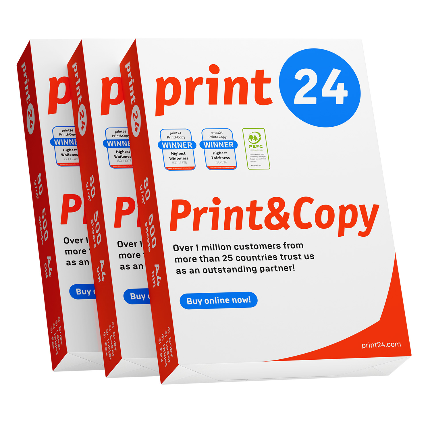 Drei Stapel Print24-Papierpackungen. Jede Packung hat ein rotes und weißes Design mit dem Text Print24 und anderen Infos.
