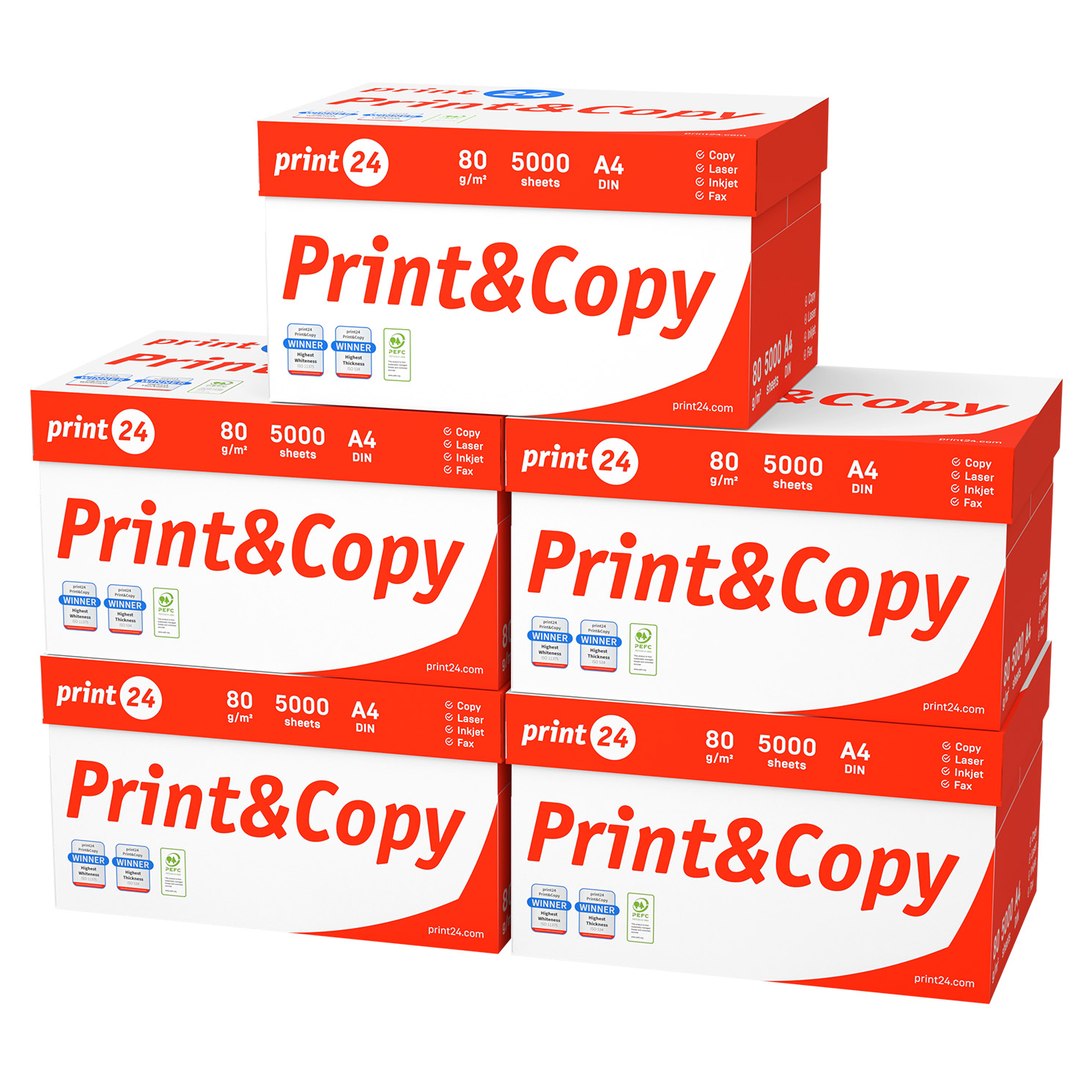 Stapel von Print&Copy-Papierboxen. Jede Box hat ein rot-weißes Design und zeigt Produktdetails.