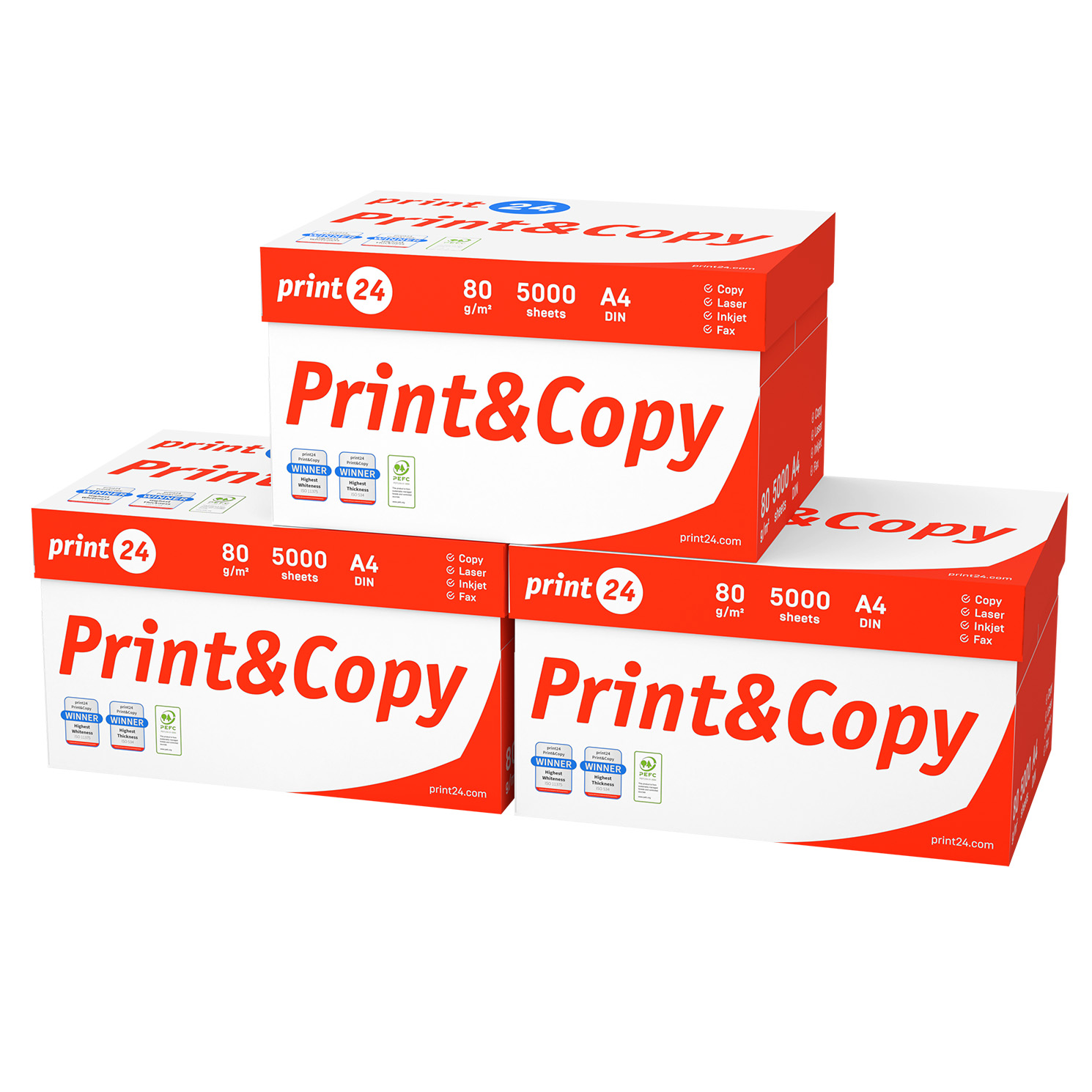 Drei Stapel Papierkartons. Jede Schachtel hat ein rot-weißes Design und die Worte 'Print & Copy'.