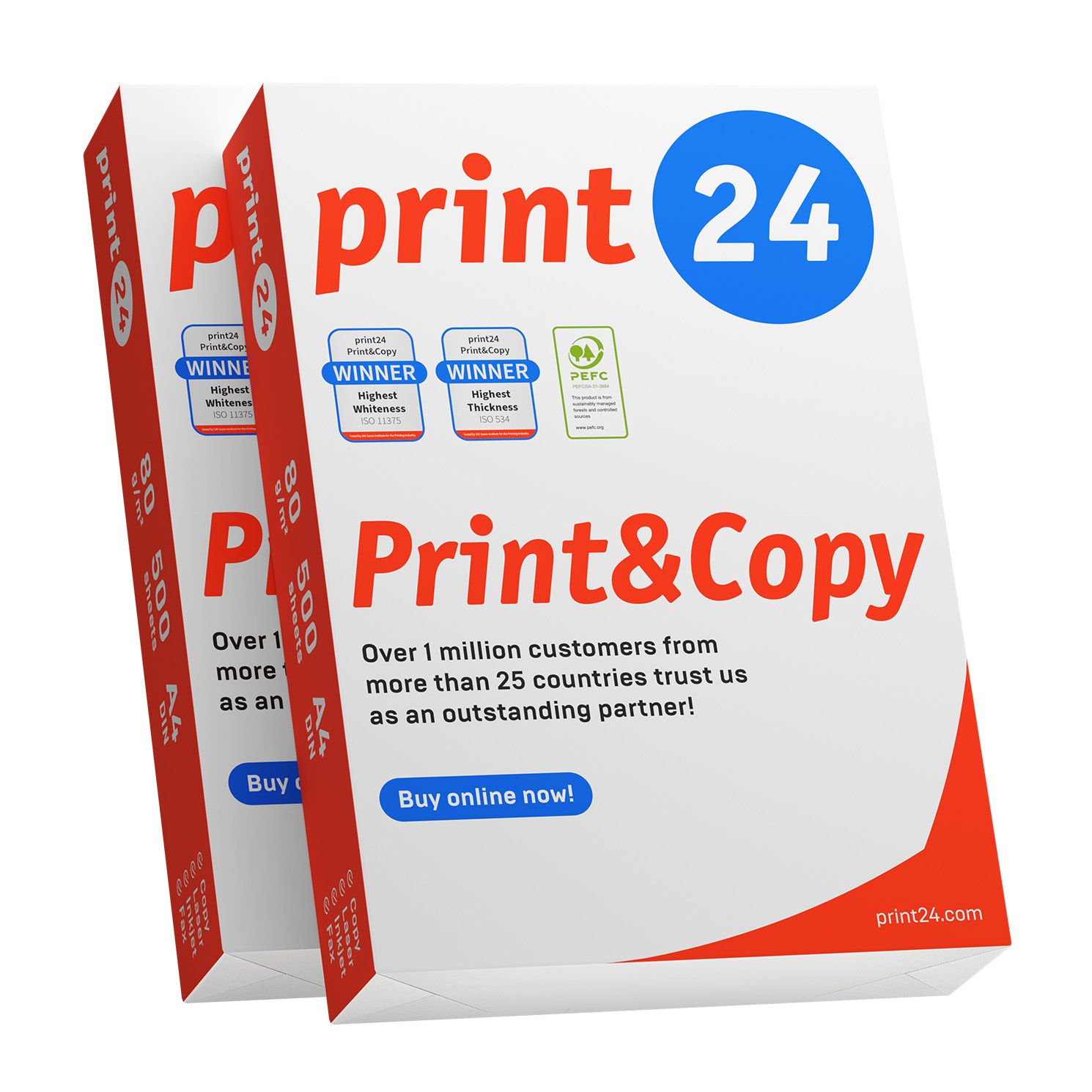Zwei Papierstapel, Marke Print 24, mit Auszeichnungen, Text und Logos. Rote und blaue Farben dominieren das Design.