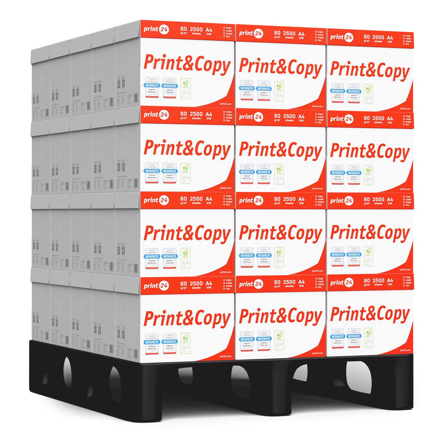 Palette mit Papierstapeln, hoch gestapelt. Jede Box hat 'Print&Copy' Branding und Produktdetails.