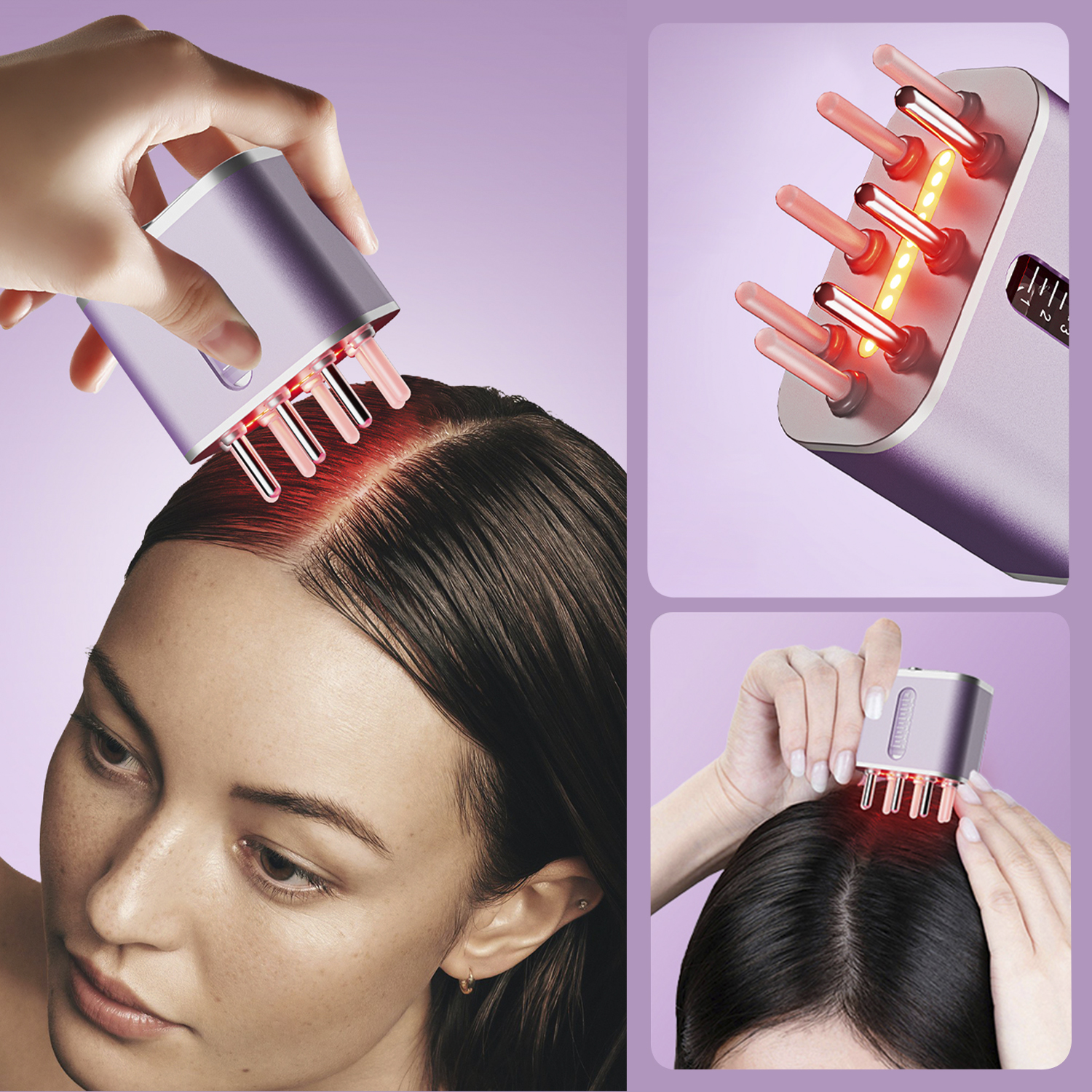 Una mujer se trata con un dispositivo púrpura para el crecimiento del cabello. El dispositivo emite luz roja. Primeros planos muestran detalles del dispositivo.