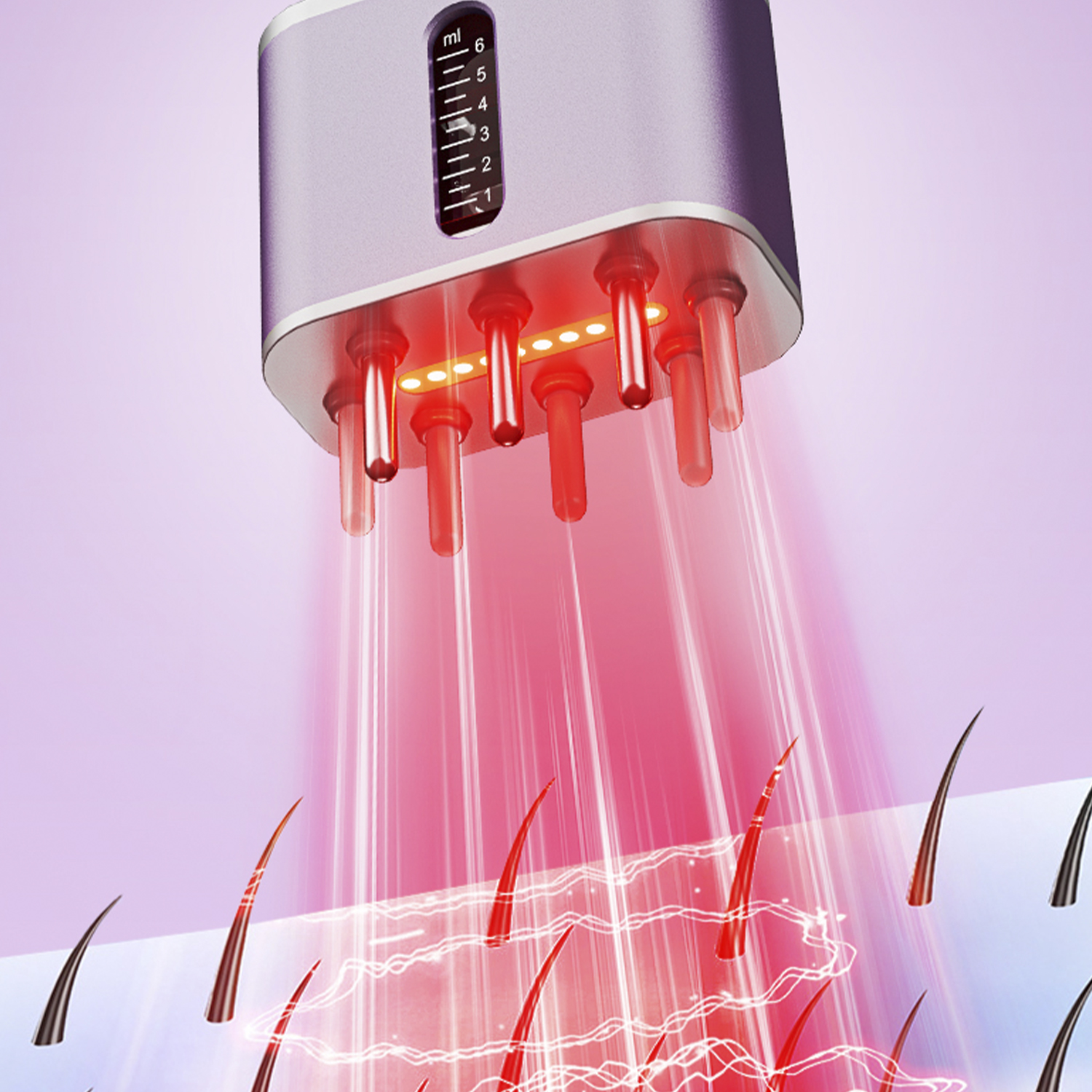 Un dispositivo emitiendo luz roja sobre los folículos pilosos. El dispositivo tiene una escala y tubos transparentes. Se ven hebras de cabello.