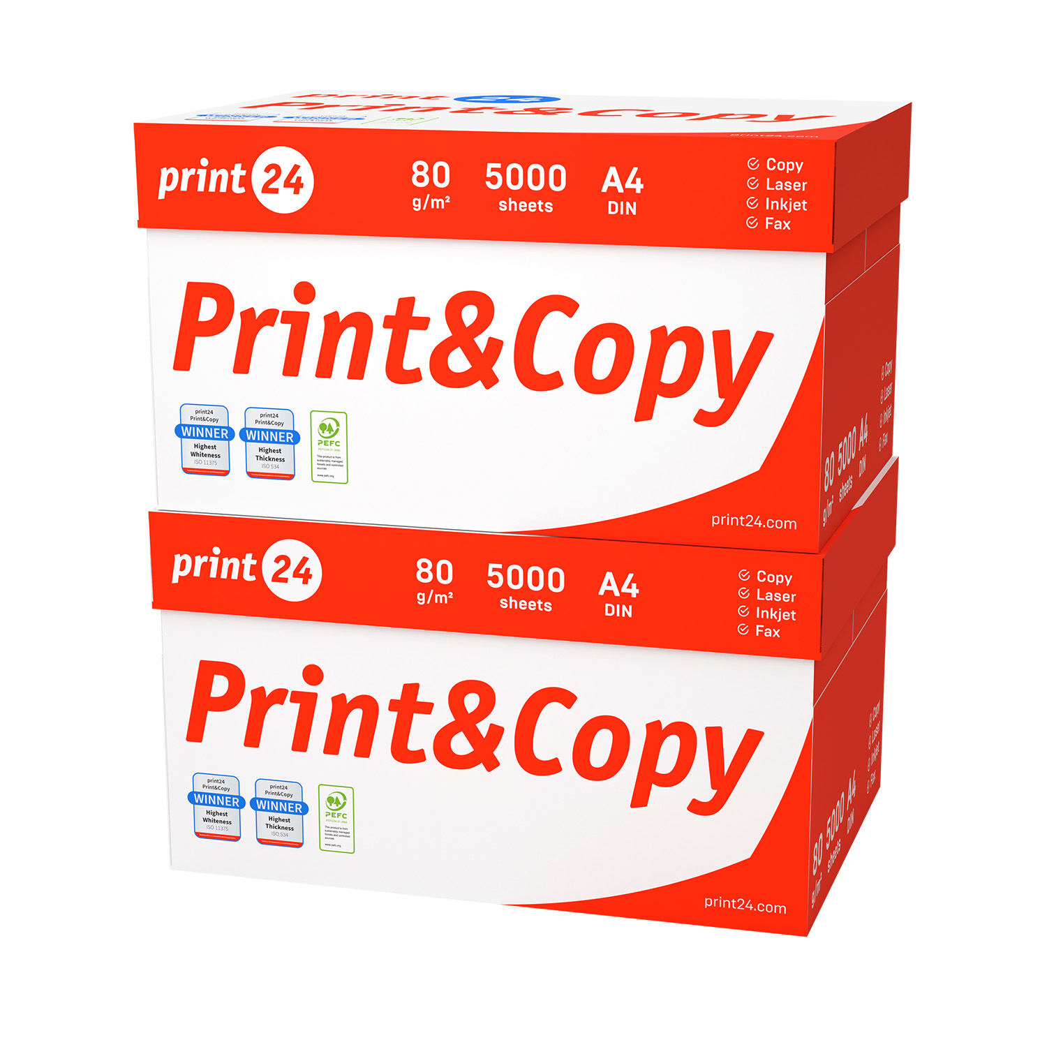 Zwei gestapelte Kartons mit Druckpapier. Jede Box ist weiß mit rotem Text und Details. Logos von 'Print&Copy' und 'print 24' sind sichtbar.