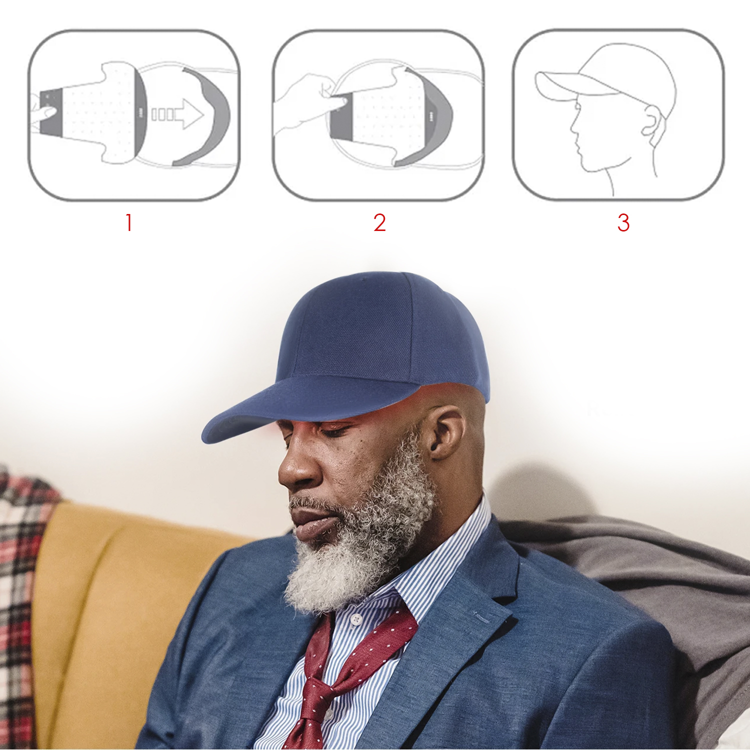 Un hombre con gorra y traje azul sentado. Arriba hay pasos para ajustar la gorra. Tiene barba blanca.