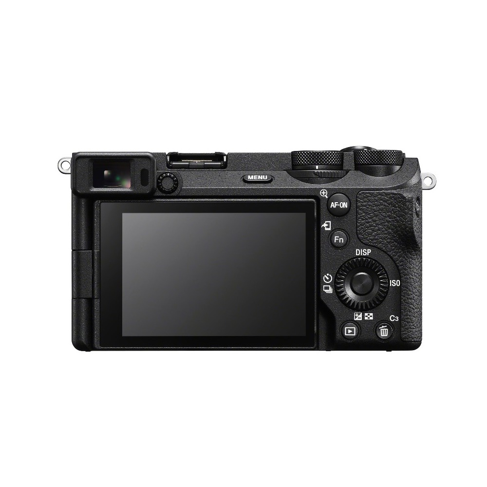 Black digital camera, rear view. Displays a screen, buttons, and dials. It has a textured grip and various control labels.