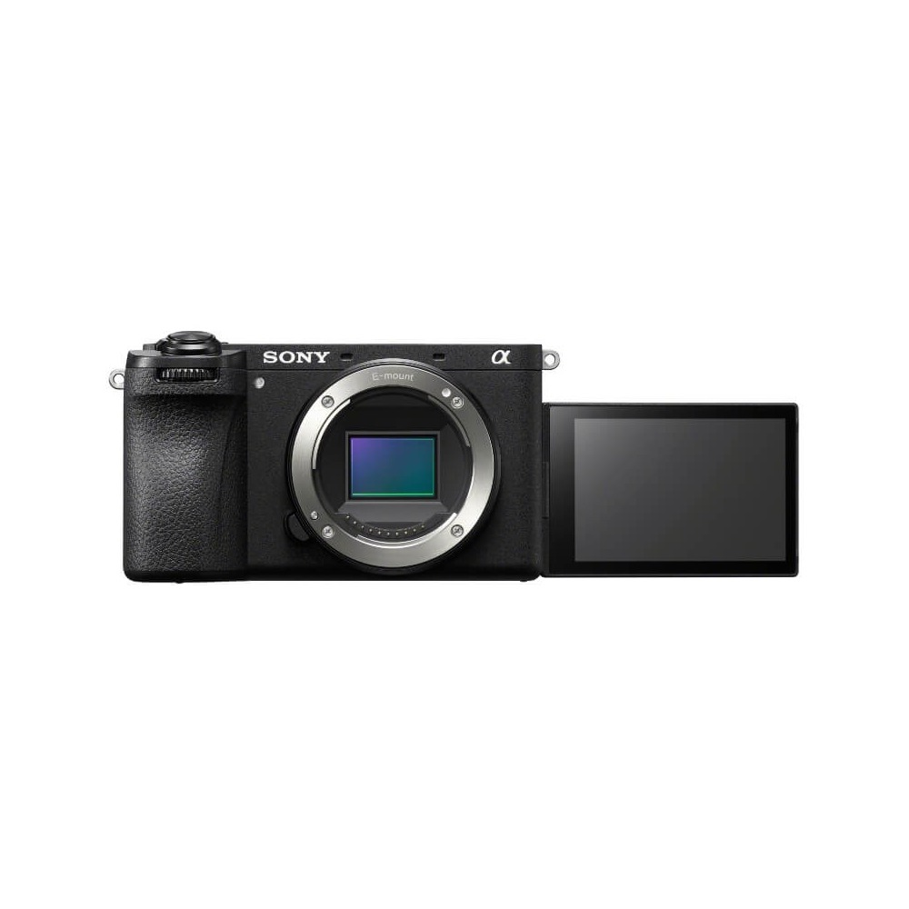 A black Sony Alpha camera with a silver lens and an open screen. The screen is black. The background is white.