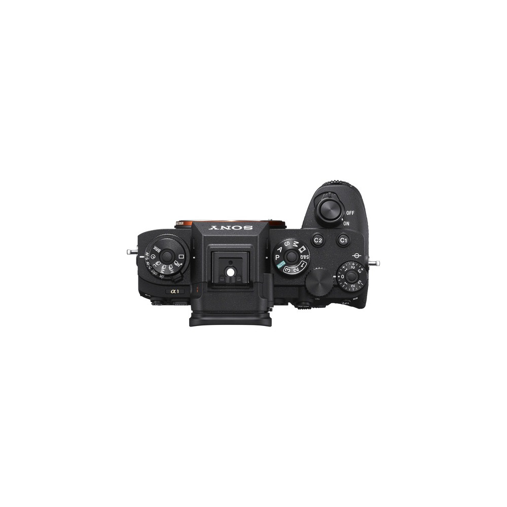 Vista dall'alto di una fotocamera Sony nera con vari quadranti, pulsanti e il logo Sony. Lo sfondo è bianco.