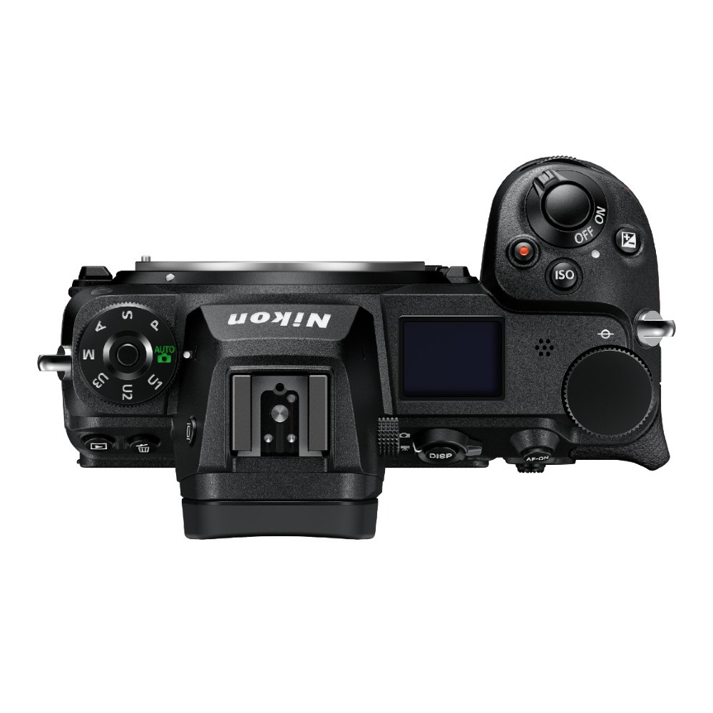 Draufsicht auf eine schwarze Nikon-Kamera. Knöpfe, Drehregler und ein kleiner Bildschirm sind sichtbar. Das Nikon-Logo ist prominent.