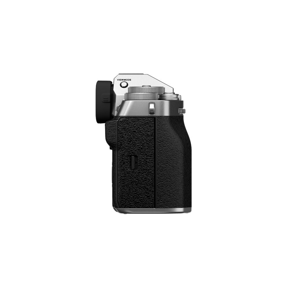 A side view of a black and silver camera with a textured grip. The top has dials and text that says 'VIEWMODE'.