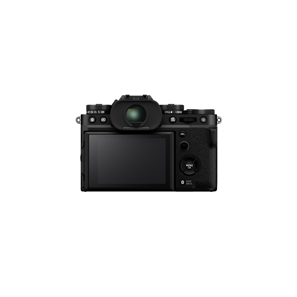 Een zwarte camera wordt van achteren getoond. Het heeft een scherm, knoppen, draaiknoppen en een zoeker. Het scherm is zwart en uit.