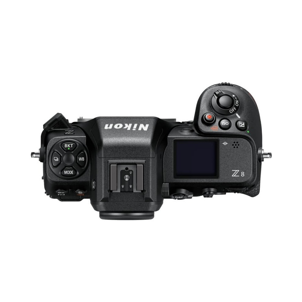 Vista superior de una cámara negra Nikon Z 8. La cámara tiene varios botones y diales, incluido un dial de modo y una pantalla.