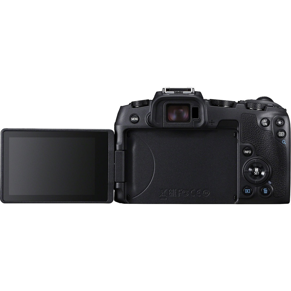 Una fotocamera Canon nera con schermo aperto. Tasti visibili in alto e a destra. L'obiettivo è centrato.