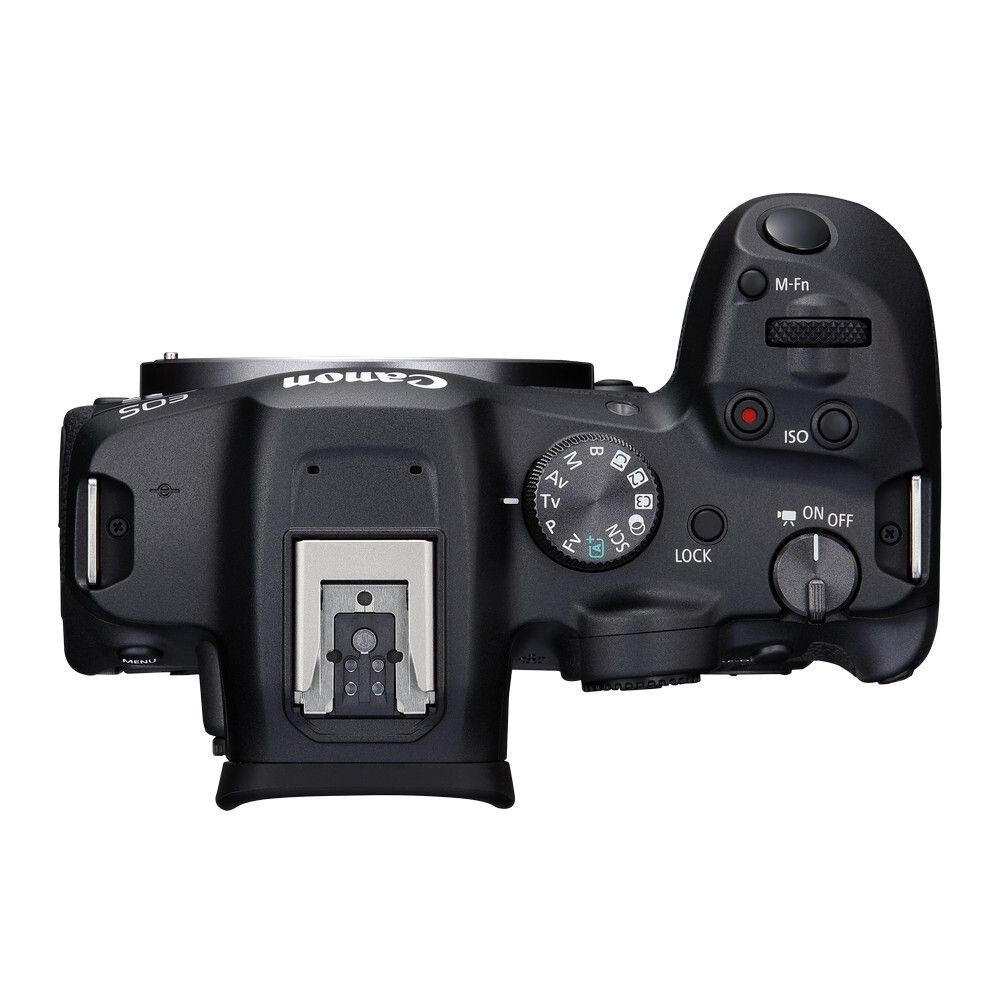 A Canon camera, top view. It has various dials and buttons for settings. The camera is black with white lettering.