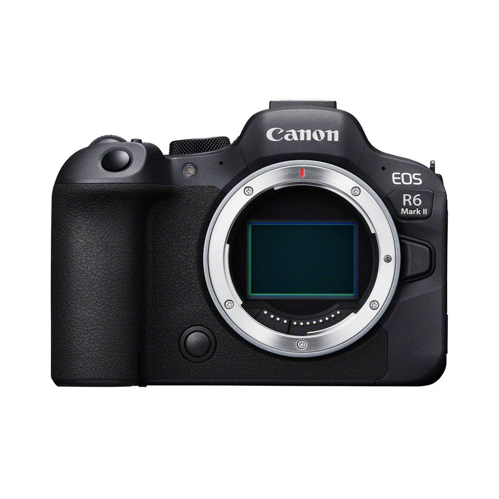 A black Canon EOS R6 Mark II camera. The lens mount is silver. The lens is dark with a green square inside.