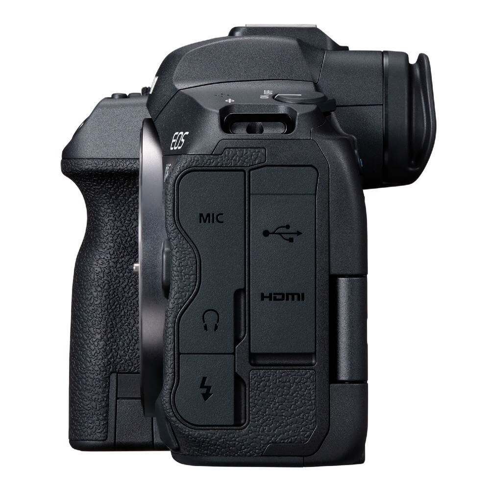 Vista laterale di una fotocamera nera. Include porte MIC, USB, HDMI e jack per cuffie. Il logo EOS è visibile.