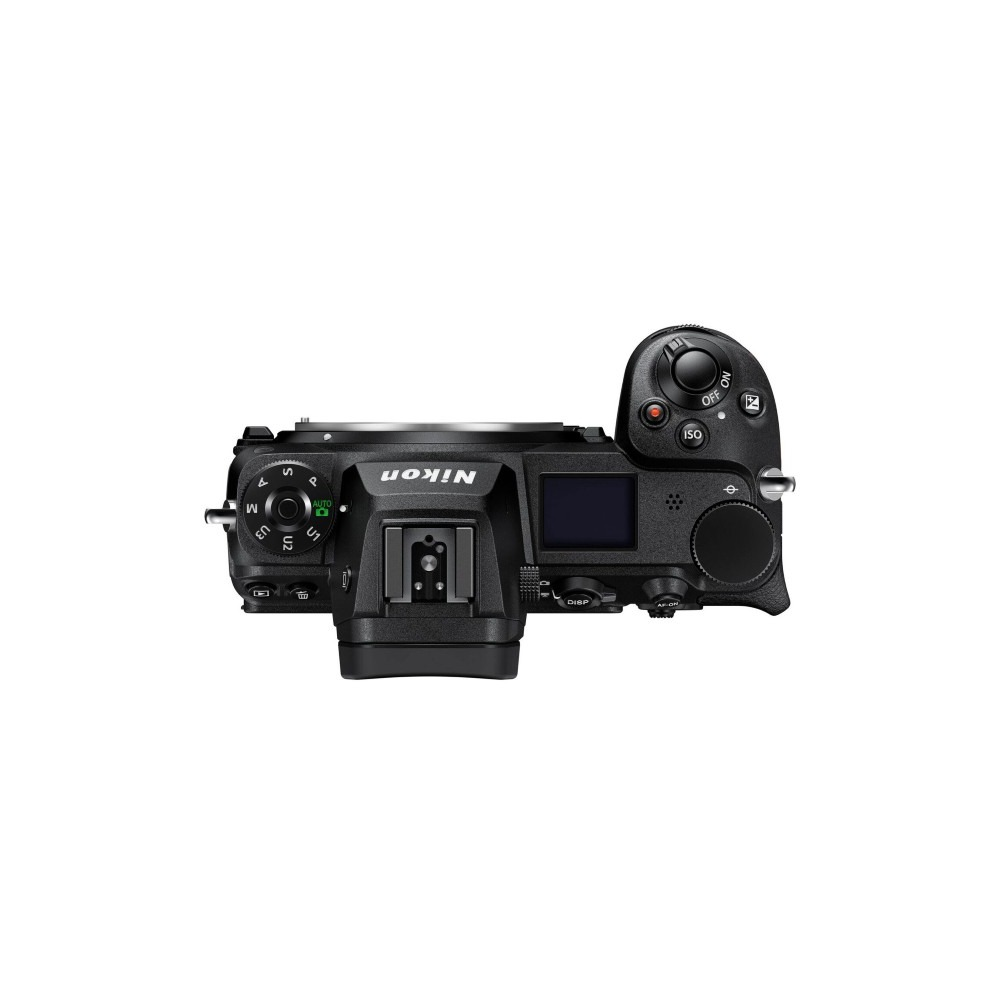 Een bovenaanzicht van een zwarte Nikon camera. Knoppen, draaiknoppen en een display zijn zichtbaar. Het Nikon-logo is prominent.