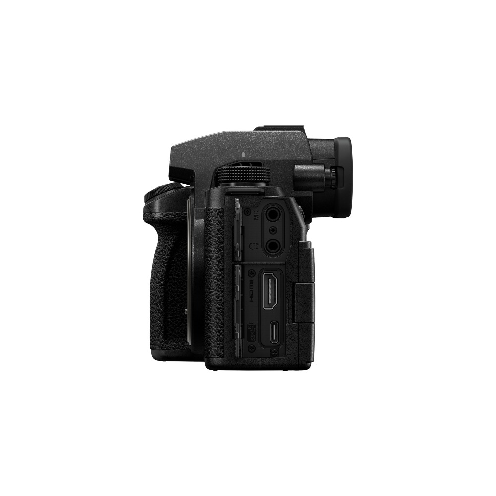 Black camera side view. Features grip, ports, dial, and viewfinder. Clear details on a white background, showing the device's profile.