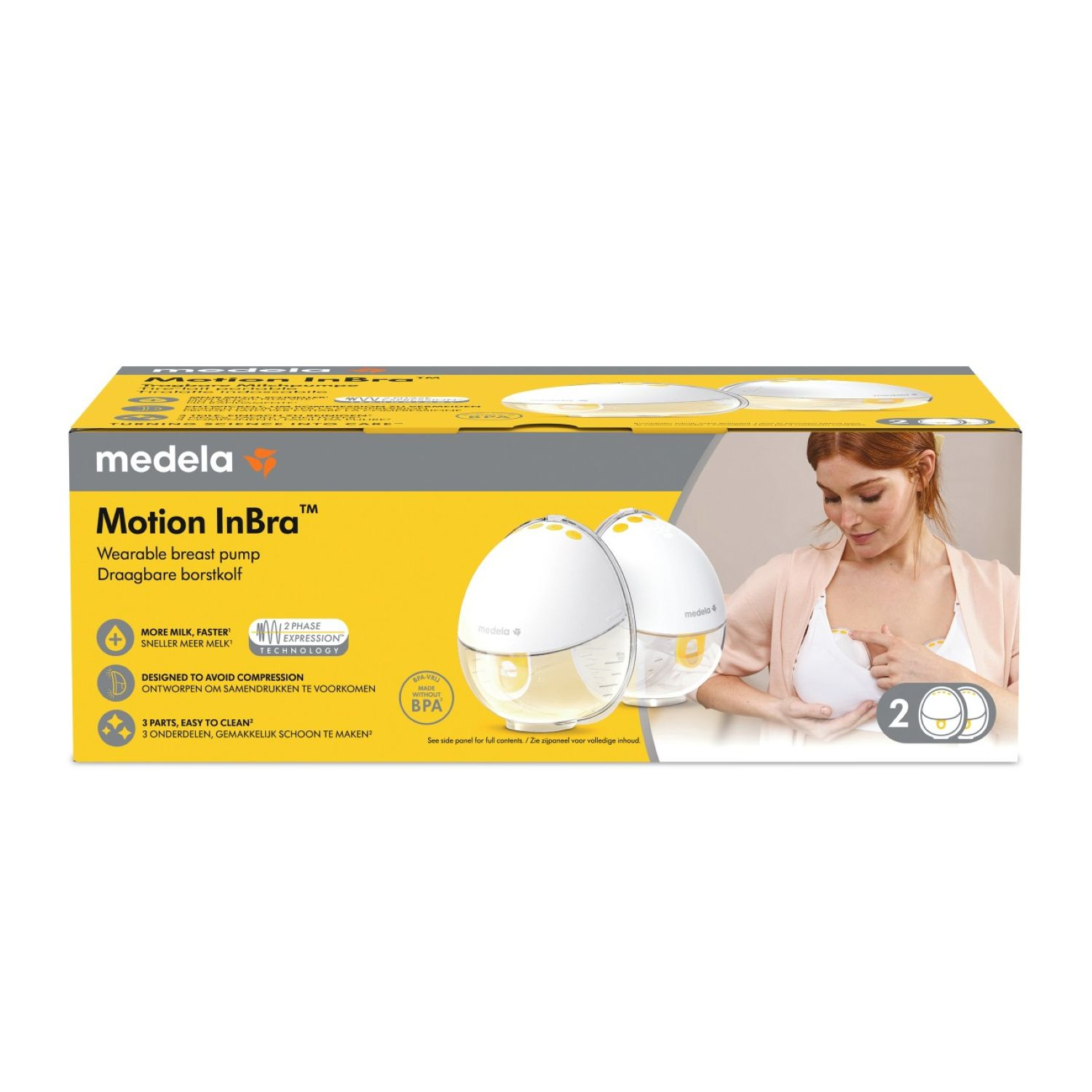Eine Box mit einer Brustpumpe, einer Frau und Produktdetails. Die Box ist gelb und weiß mit der Marke 'Medela'.