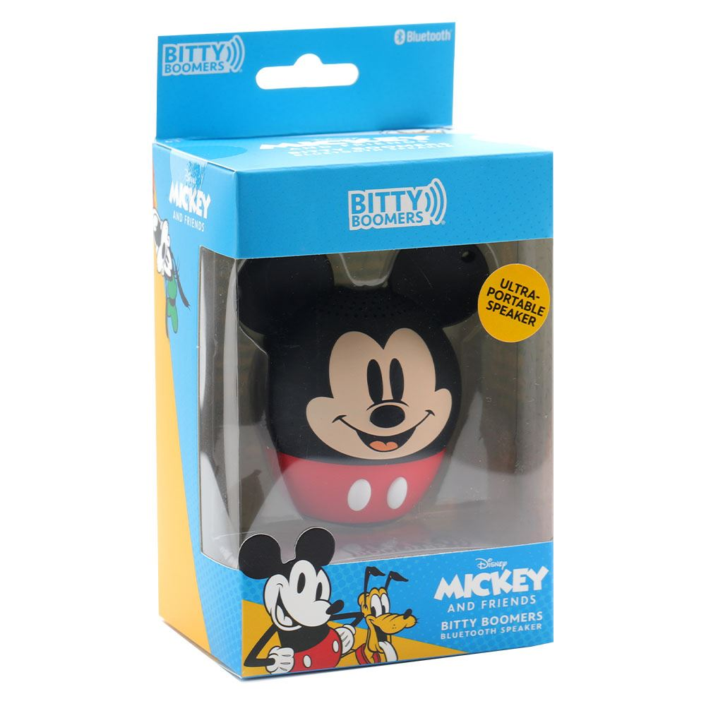 Altoparlante di Topolino in una scatola. È nero e rosso. La scatola è blu e ha Mickey e Pluto sopra.