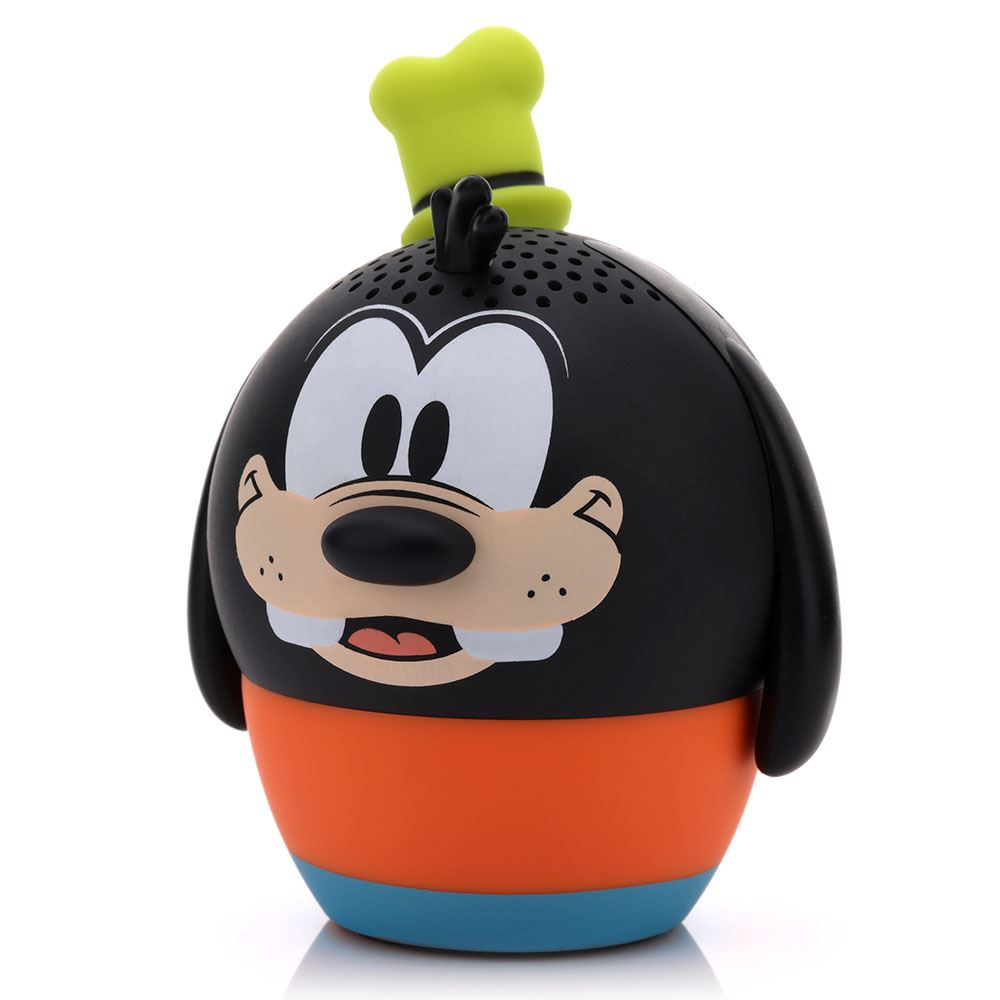 Een Goofy-vormige speaker. Hij heeft een zwarte kop met Goofy's gezicht, een oranje lichaam, een blauwe basis en een groene hoed.