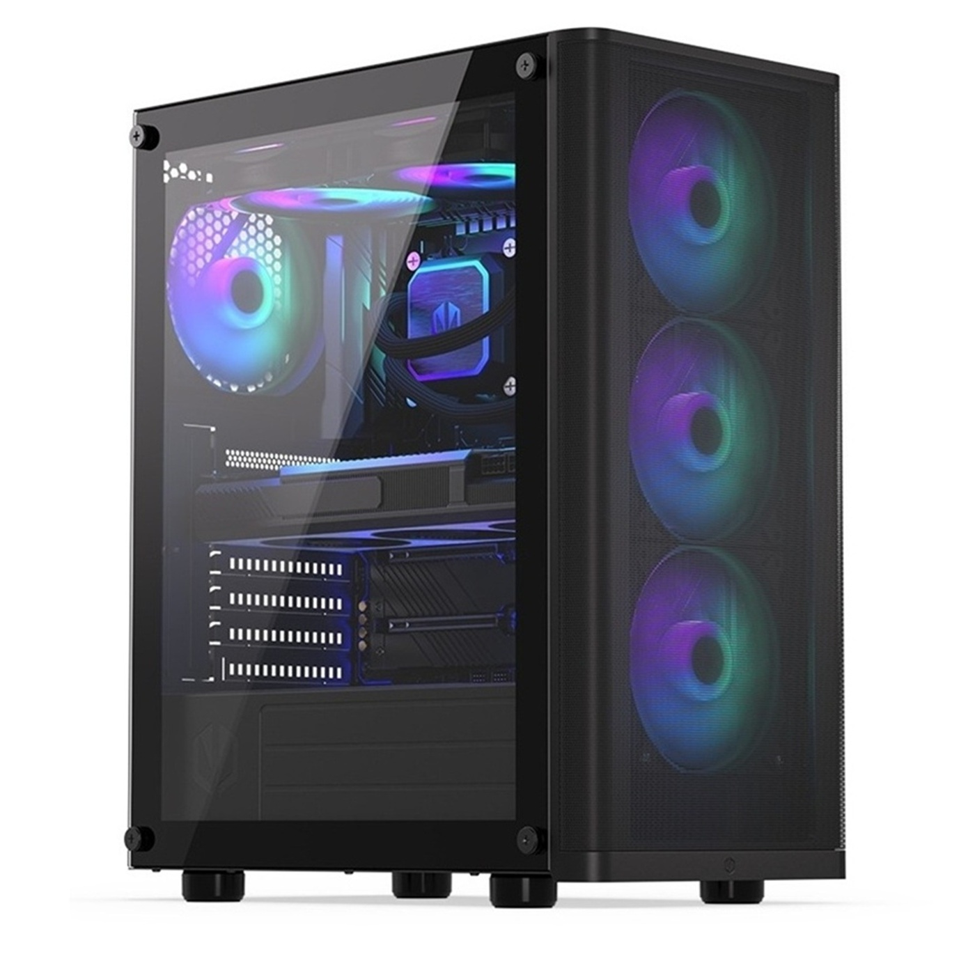 Un case per computer con pannello laterale in vetro, che rivela i componenti interni illuminati da luci RGB. Le ventole si illuminano.