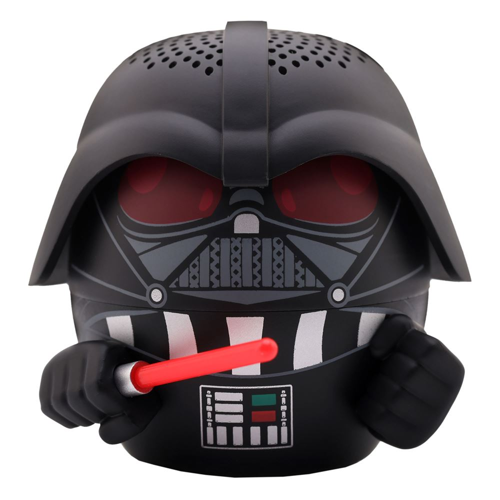 Ein schwarzer Darth-Vader-Lautsprecher. Er hat rote Augen und ein rotes Lichtschwert. Das Design umfasst Maske und Brustplatte.