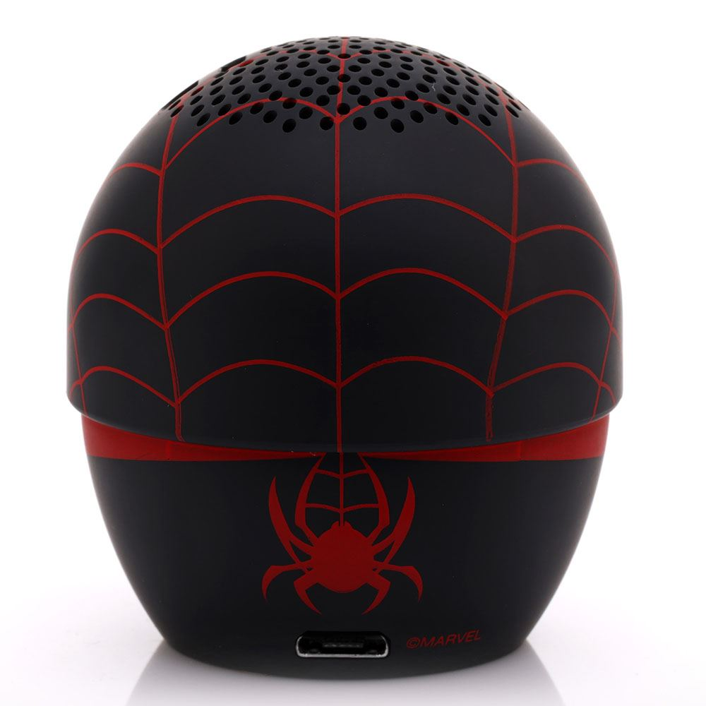 Schwarzer und roter Spider-Man-Lautsprecher. Rotes Spinnennetz-Design oben, Spinnenlogo unten und Ladeanschluss.