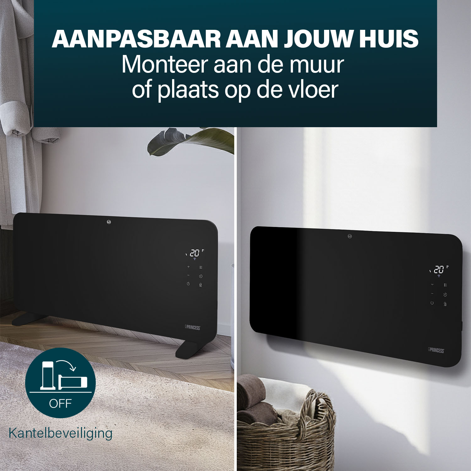 Zwarte Princess-verwarming, gemonteerd aan muur en vloer. Toont digitaal display met 20 graden. Pictogram geeft kantelbeveiliging aan.