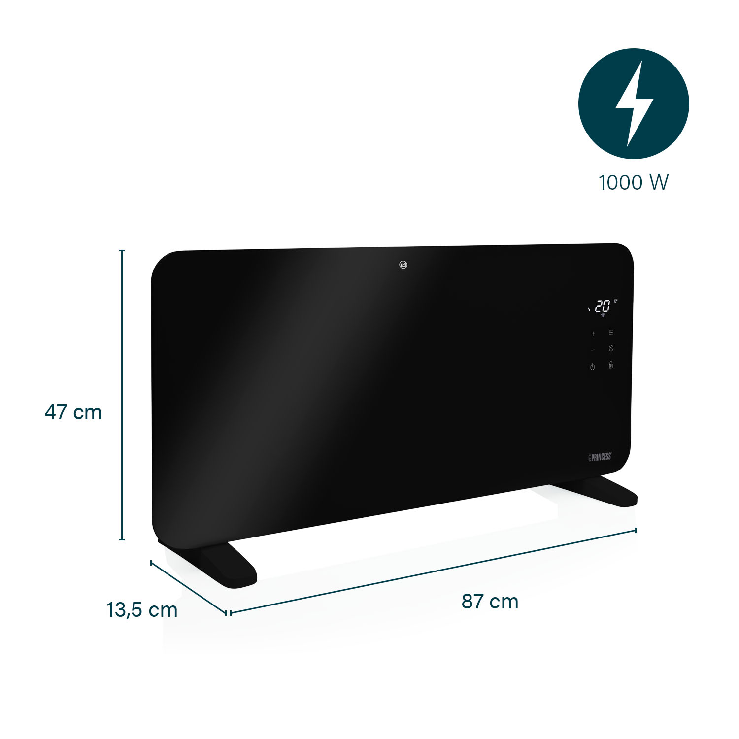 Een zwarte Princess elektrische kachel met een digitale display die 20 graden aangeeft. Hij heeft 1000W vermogen en meet 87x47x13,5 cm.