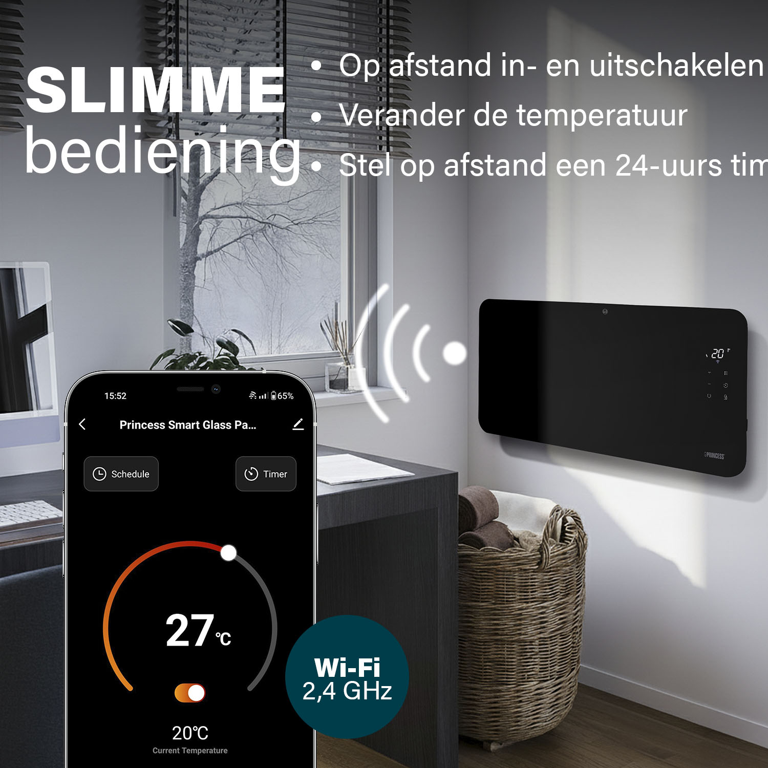 Een smartphone bedient een slimme verwarming. Het scherm toont temperatuurinstellingen. Een mand met handdoeken staat naast de verwarming.