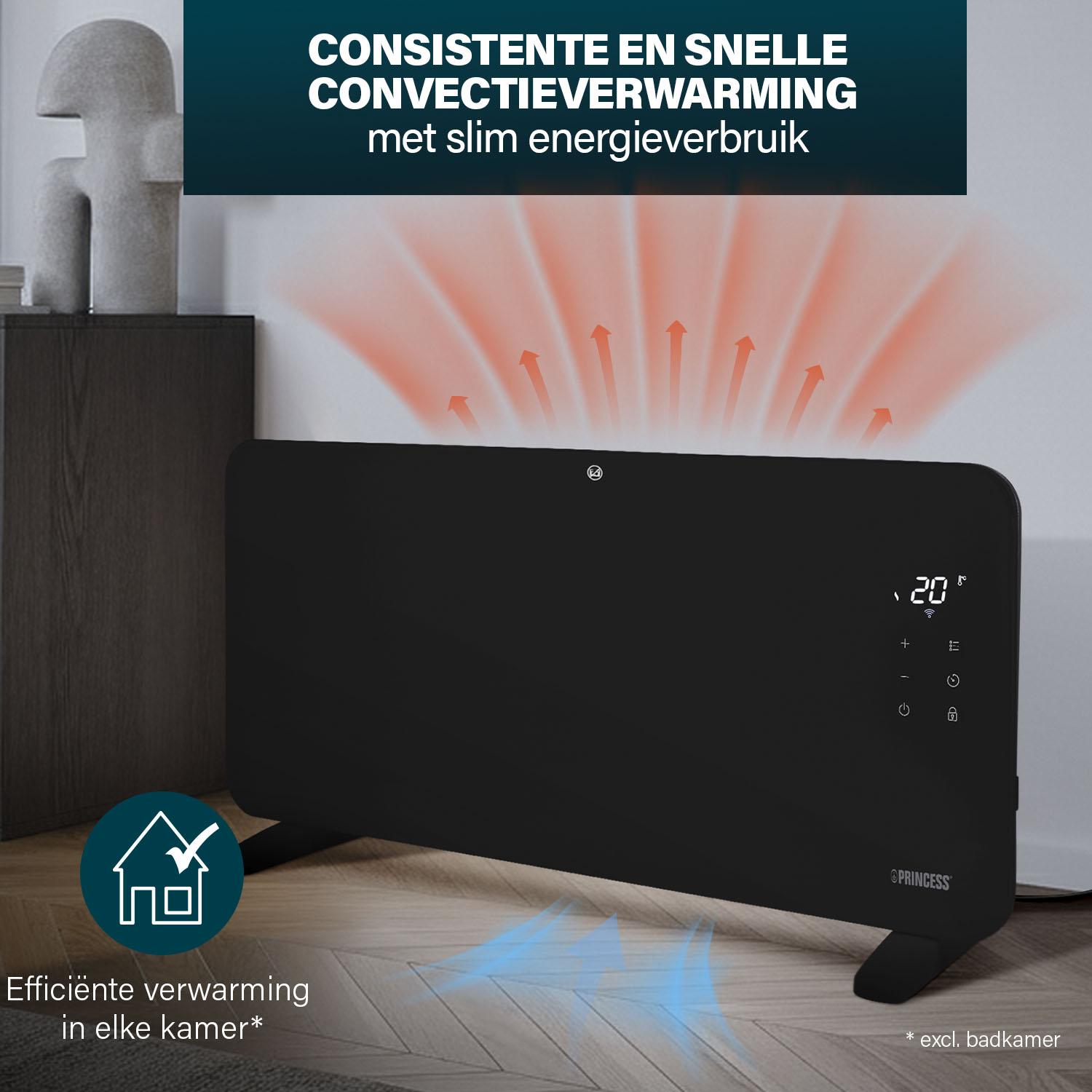 Een zwarte Princess-kachel met een digitale display die 20 graden weergeeft. Het heeft een blauwe en rode illustratie van de luchtstroom. De tekst luidt 'Efficiënte verwarming'.