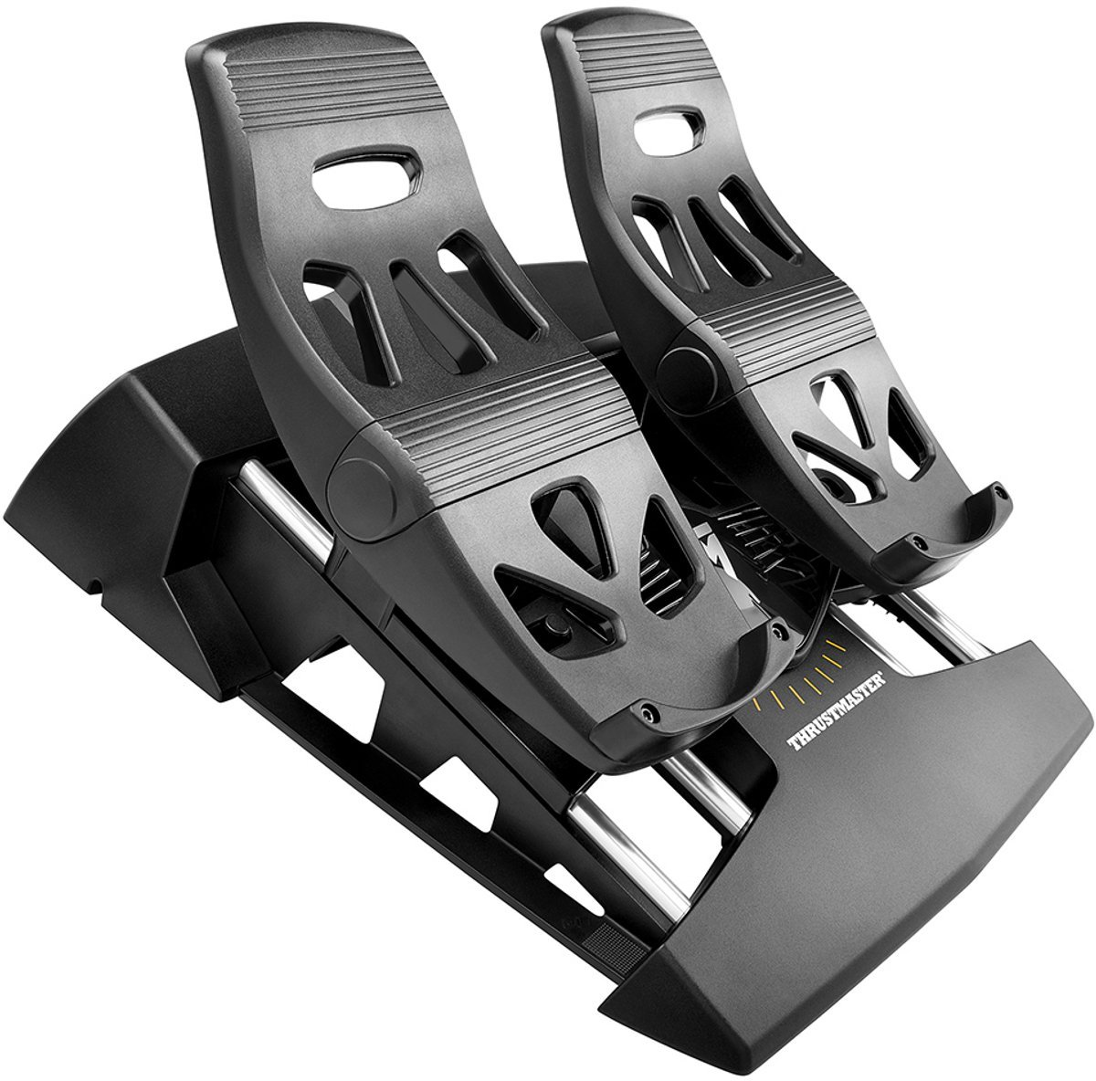 Schwarze Thrustmaster-Flugsim-Pedale vor weißem Hintergrund. Mit zwei Pedalen und einem Sockel mit Thrustmaster-Logo.