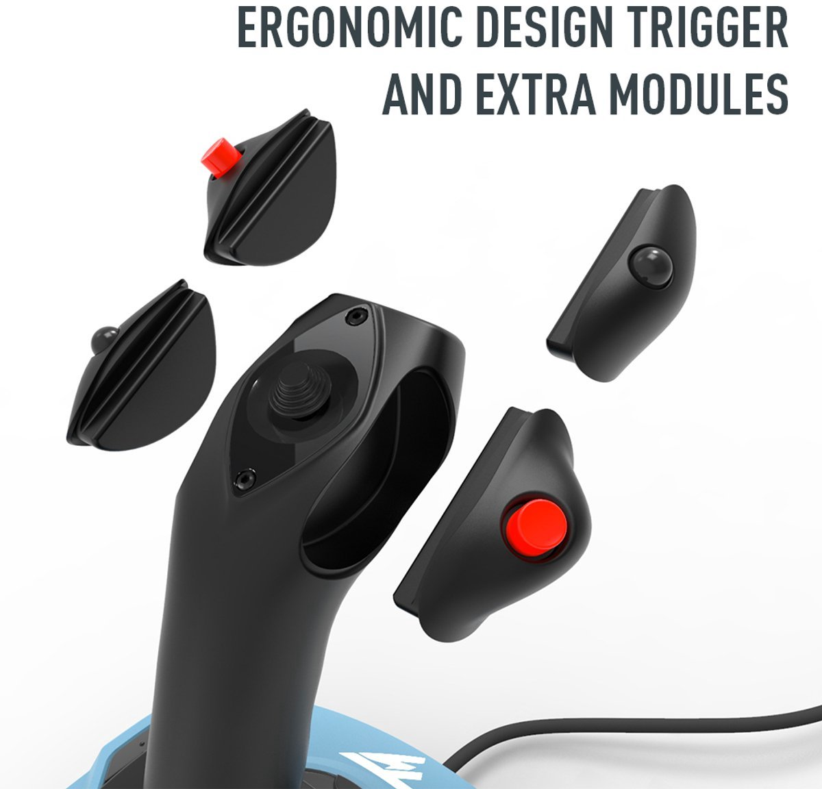 Schwarzer Joystick mit roten Knöpfen und zusätzlichen Modulen, blauer Sockel, auf weißem Hintergrund. Text: Ergonomisches Design, Auslöser und zusätzliche Module.