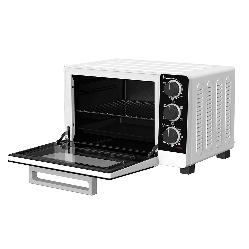 Biały piekarnik z otwartymi drzwiami, pokazujący wewnętrzne ruszty. Pokrętła temperatury i ustawień znajdują się po prawej stronie.