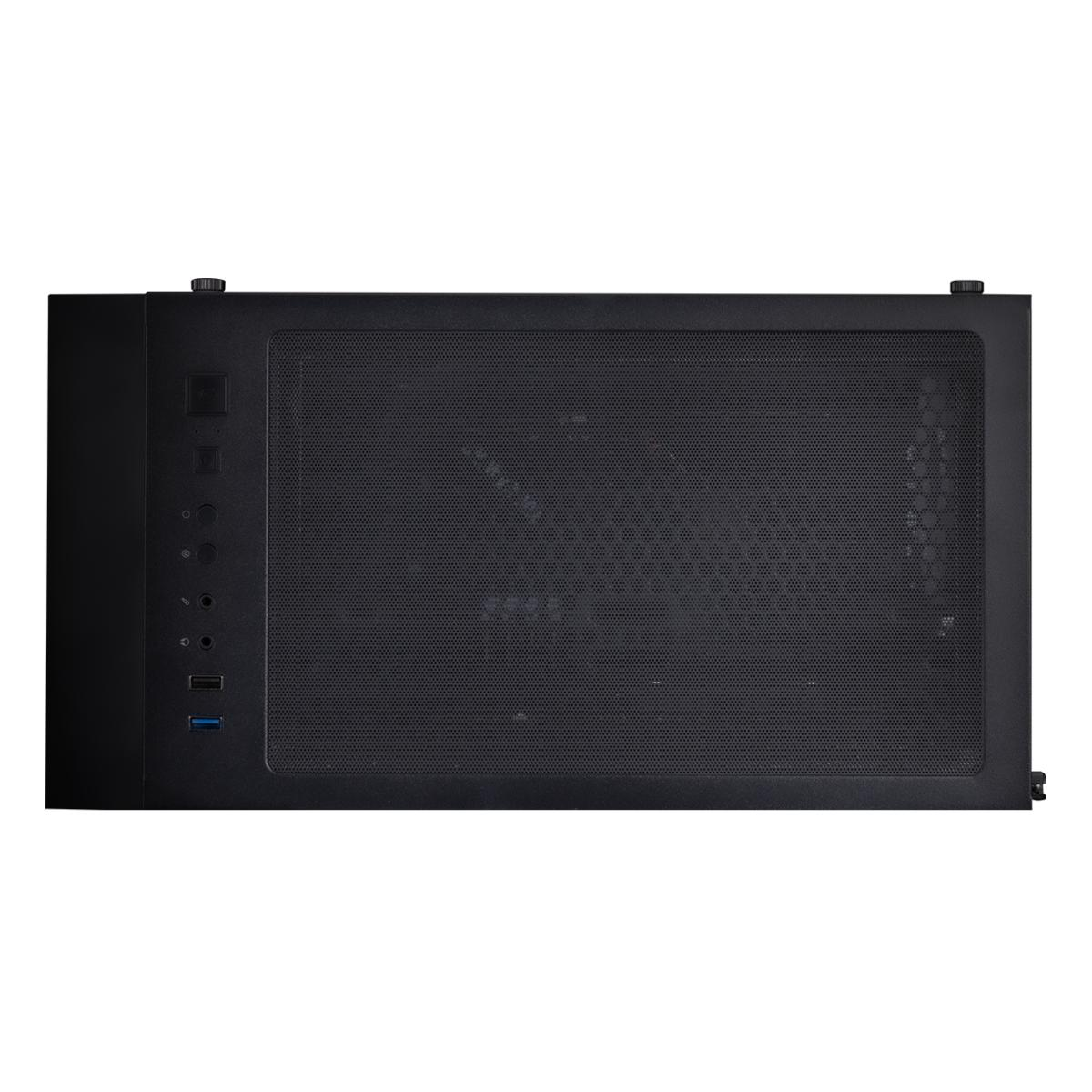 Ein schwarzes Computergehäuse, von vorne betrachtet, mit einem Mesh-Panel und verschiedenen Anschlüssen. Oben ist ein kleiner Knopf.