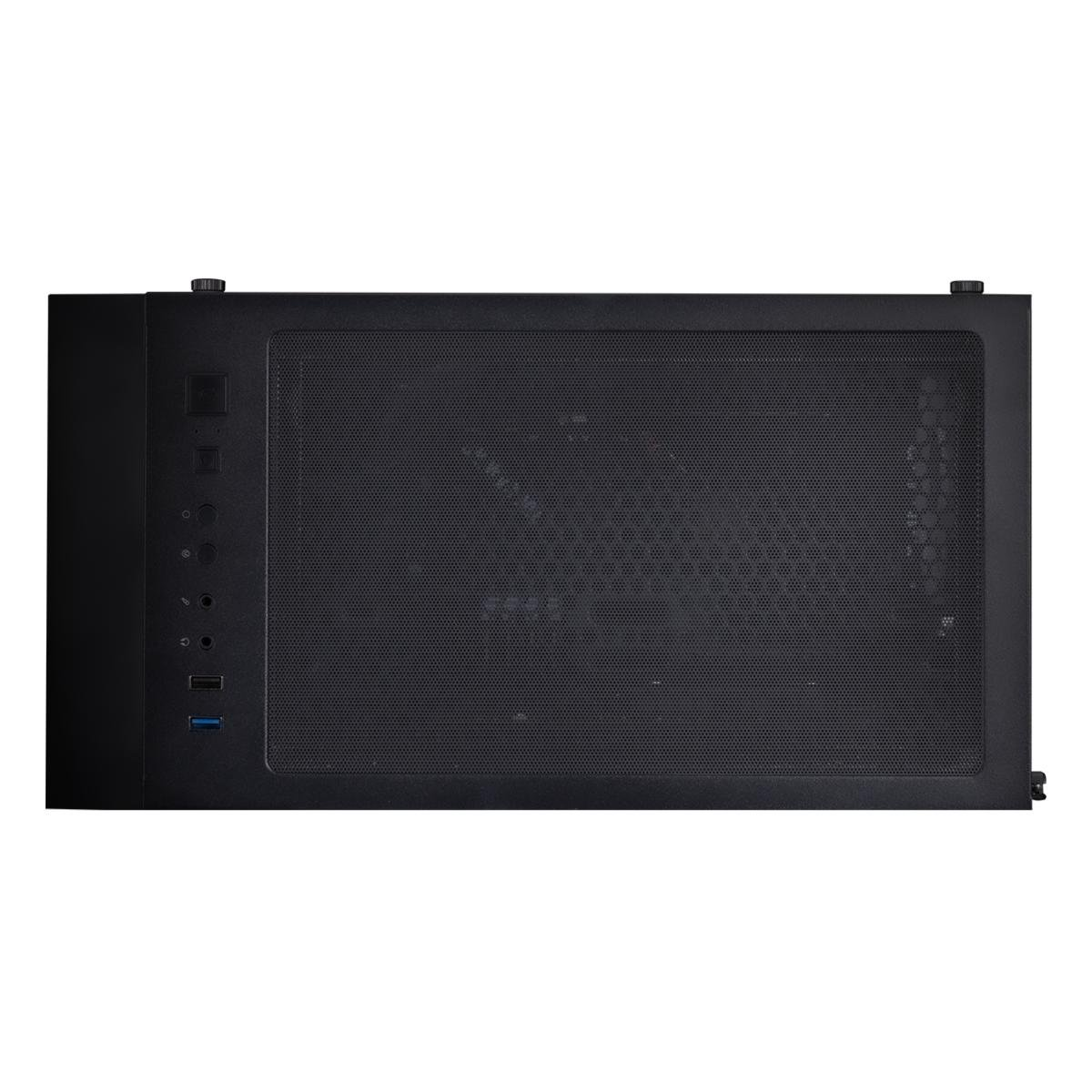 Ein schwarzes Computergehäuse, von vorne betrachtet. Es hat eine Mesh-Frontplatte und eine Seitenplatte mit verschiedenen Anschlüssen und Knöpfen.