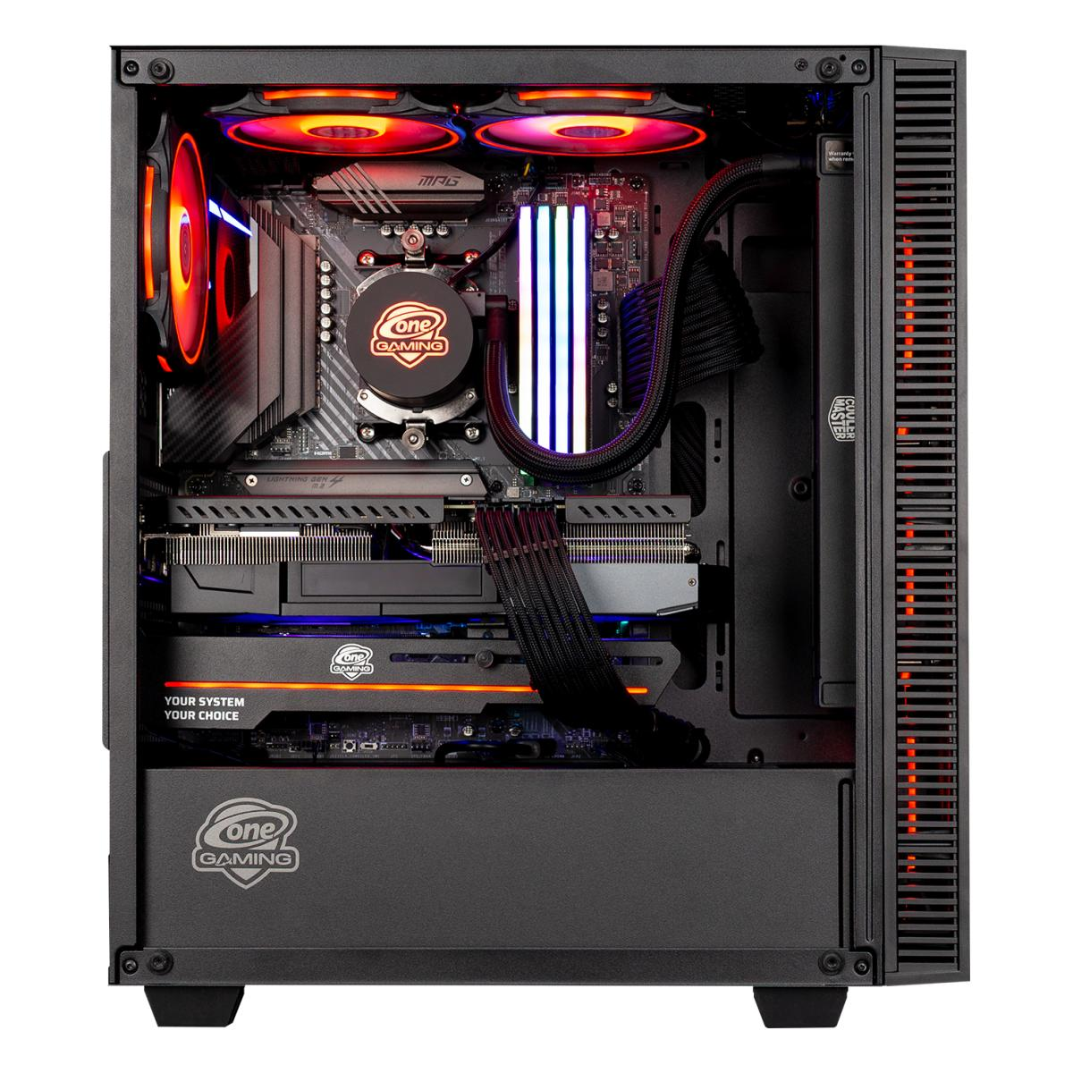 Ein Computergehäuse ist geöffnet und zeigt interne Komponenten. Rote und weiße Lichter beleuchten das Innere. Das Gehäuse hat ein "one gaming" Logo.