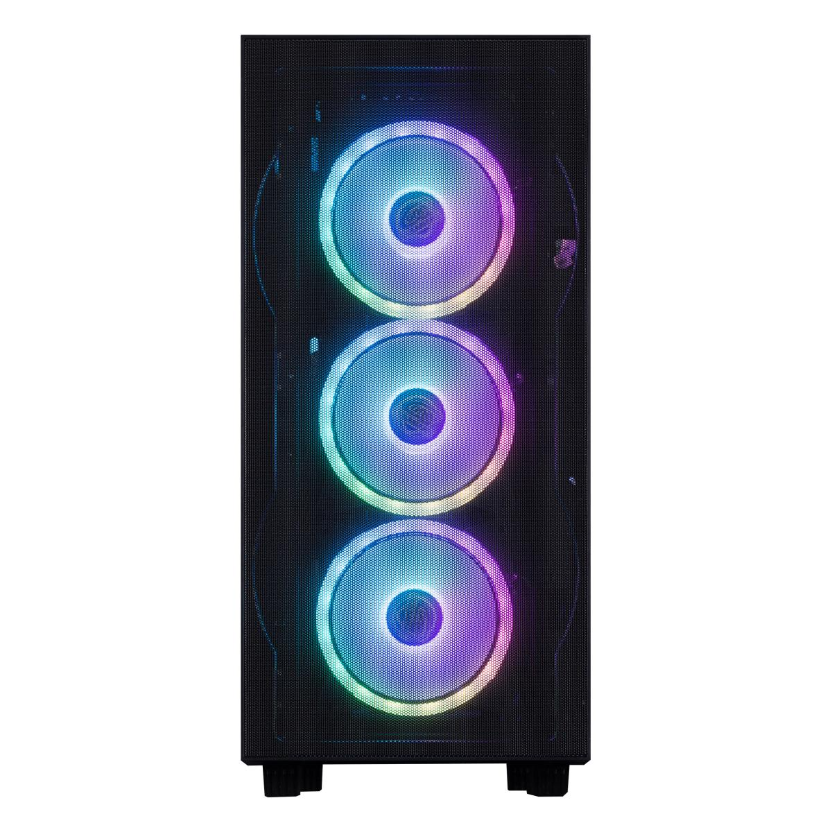 Schwarzes Computergehäuse mit drei beleuchteten Lüftern, die Regenbogenfarben anzeigen. Das Gehäuse ist rechteckig mit einer Mesh-Front.