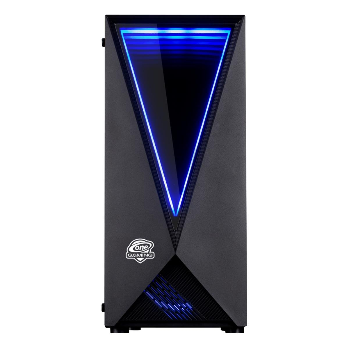 Ein dunkles Computergehäuse mit einem blau beleuchteten V. Das Logo 'one gaming' ist sichtbar. Ein dreieckiges Design befindet sich unten.