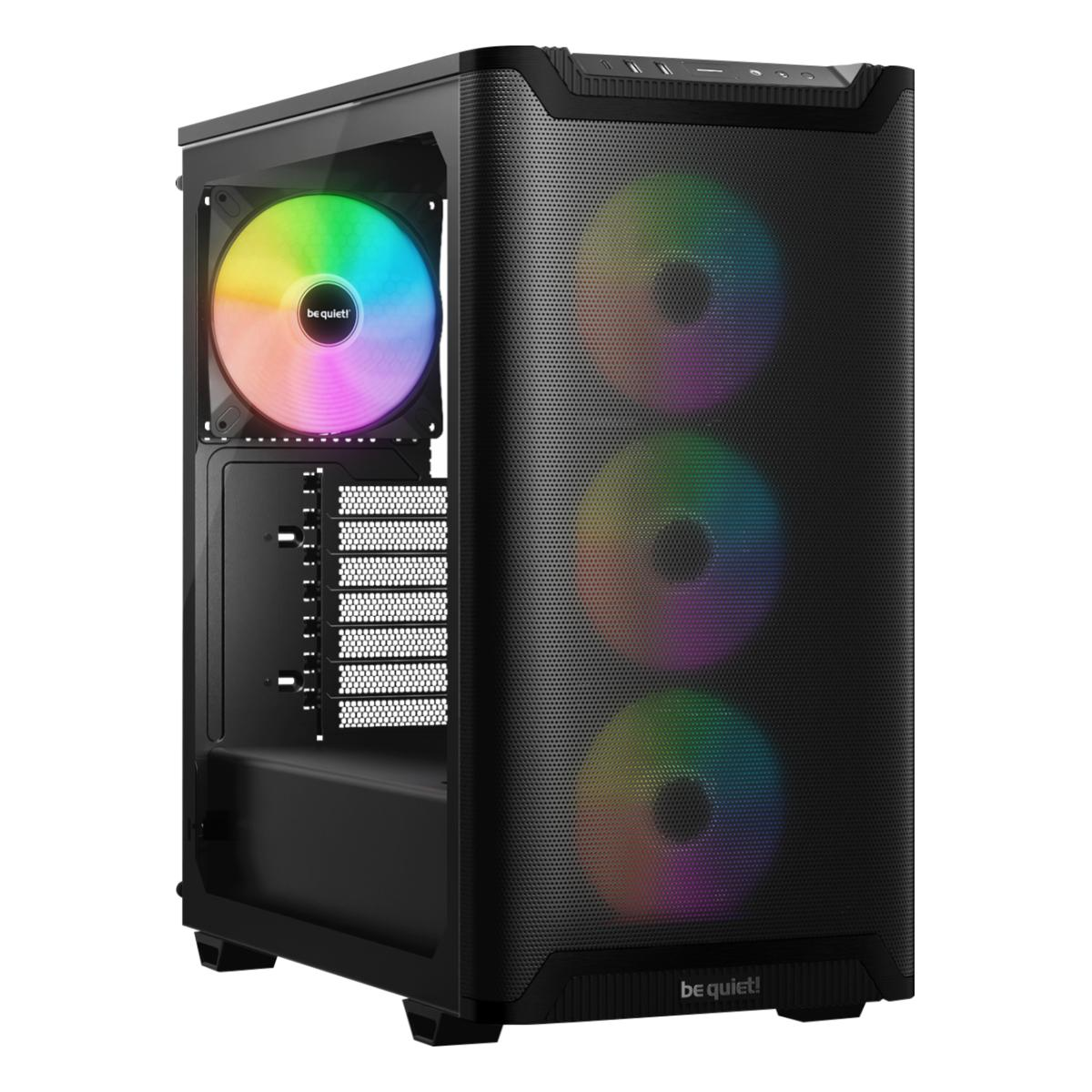 Schwarzes Computergehäuse mit drei RGB-Lüftern, die durch das Frontgitter sichtbar sind. Im Gehäuse ist auch ein Regenbogenlüfter zu sehen.