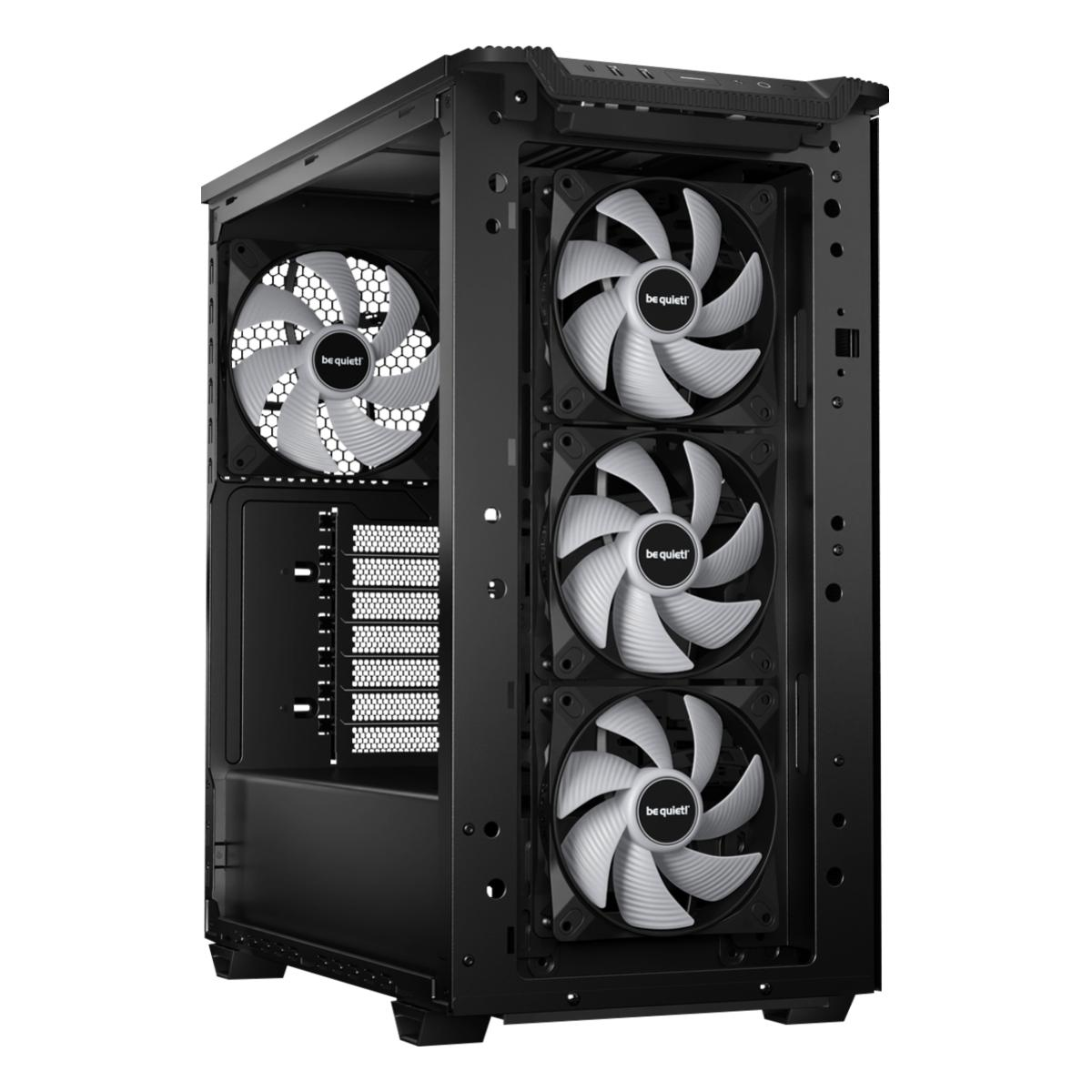 Ein schwarzes Computergehäuse mit mehreren Lüftern. Drei große Lüfter sind sichtbar, zusammen mit einem kleineren. Auf allen Lüftern steht „be quiet!“.