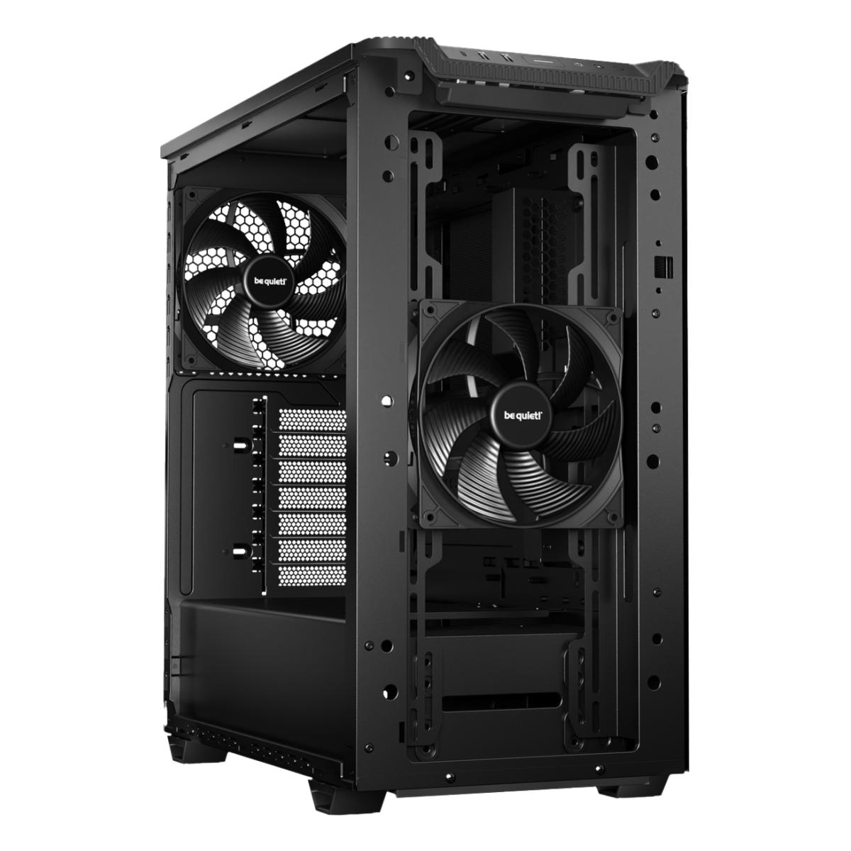 Ein schwarzes Computergehäuse mit zwei internen Lüftern. Das Gehäuse ist offen und zeigt die inneren Komponenten.