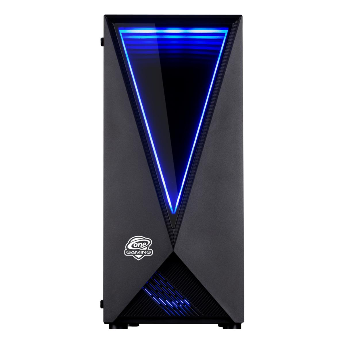 Ein dunkles Computergehäuse mit blauem Neon-V-förmigen Licht. Das Gehäuse hat ein Logo mit der Aufschrift 'one gaming'.
